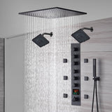 20-Inch or 24-Inch Matte Black Flush or Ceiling Mount Rainfall Waterfall Shower System: Complete with 6-Way Thermostatic Valve and 6 Body Jets and Dual Regular Head