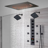 20-Inch or 24-Inch Matte Black Flush or Ceiling Mount Rainfall Waterfall Shower System: Complete with 6-Way Thermostatic Valve and 6 Body Jets and Dual Regular Head