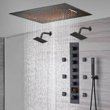 20-Inch or 24-Inch Matte Black Flush or Ceiling Mount Rainfall Waterfall Shower System: Complete with 6-Way Thermostatic Valve and 6 Body Jets and Dual Regular Head