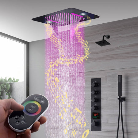 Matte Black 23x15-Inch LED Music Shower Head with 4-Way Thermostatic Shower System and Regular Head - wonderland shower inc