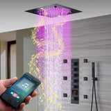 20-Inch Matte Black Rainfall, Waterfall, and Mist Shower System with LED Colors, Bluetooth Music, 5-Way Thermostatic Valve, 6 Body Jets, and Touch Panel