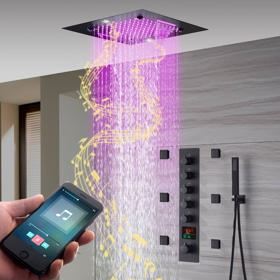 20-Inch Matte Black Rainfall, Waterfall, and Mist Shower System with LED Colors, Bluetooth Music, 5-Way Thermostatic Valve, 6 Body Jets, and Touch Panel