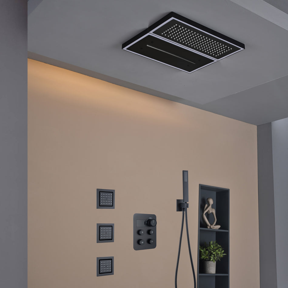 Matte black or Brushed nickel or Brushed Gold 32 x 8-Inch Rainfall Waterfall Flush Mount Shower Head with 4-Way Digital Display Thermostatic Faucet, Body Jets