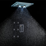 16-Inch Rainfall Waterfall Mist Water Column Flush Mount Shower Faucet Set with 6-Way Thermostatic Control, 64-Color LED, Bluetooth Music, Rainfall-Waterfall-Mist Features, Rotating Hydro Jet, and Body Jets