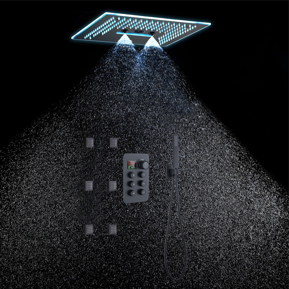 16-Inch Rainfall Waterfall Mist Water Column Flush Mount Shower Faucet Set with 6-Way Thermostatic Control, 64-Color LED, Bluetooth Music, Rainfall-Waterfall-Mist Features, Rotating Hydro Jet, and Body Jets