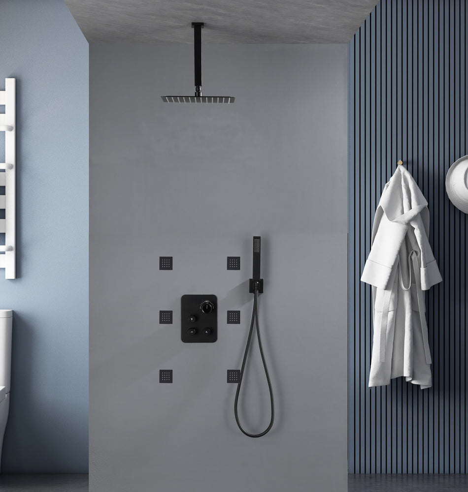 Matte Black 3-Way Thermostatic Shower System: 12'' or 16'' Rain Head, Optional LED, Simultaneous Function