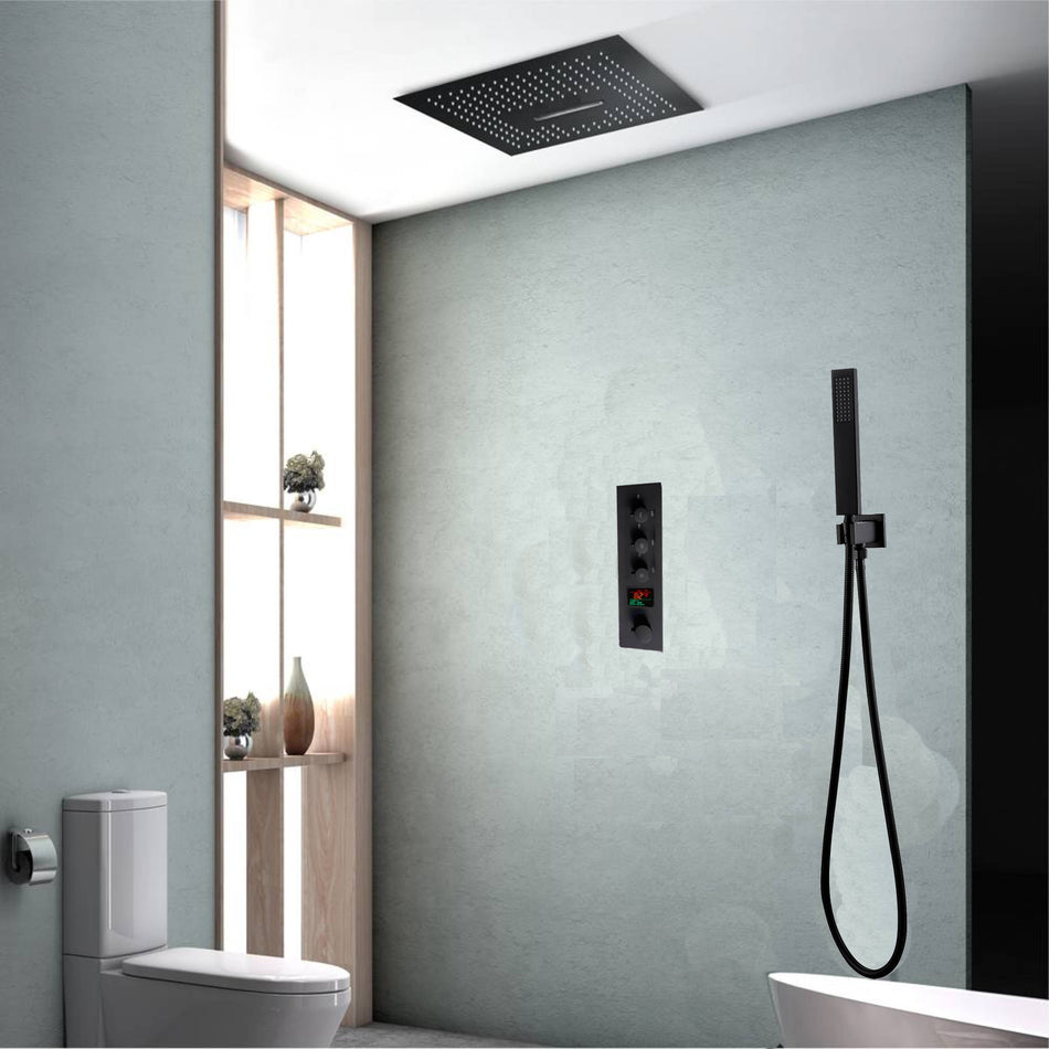 16-Inch Flush-Mount Matte Black Thermostatic Shower Faucet: 3-Way Control, 64-Color LED Lighting, Bluetooth Music, Digital Display