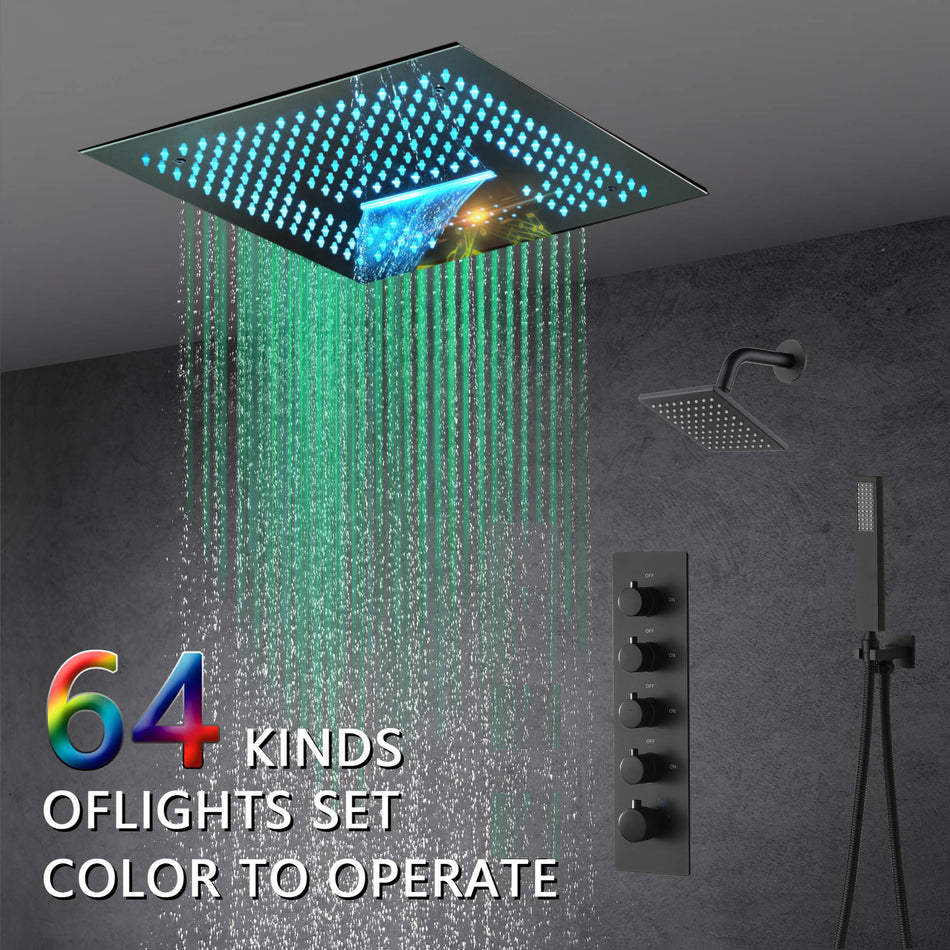 16-Inch Brushed Gold or brushed nickel or matte black Flush Mount rainfall waterfall Shower Faucet Set: 4-Way Thermostatic Control, 64-Color LED Lights, Bluetooth Music, and Regular Head