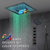 16-Inch Brushed Gold or brushed nickel or matte black Flush Mount rainfall waterfall Shower Faucet Set: 4-Way Thermostatic Control, 64-Color LED Lights, Bluetooth Music, and Regular Head