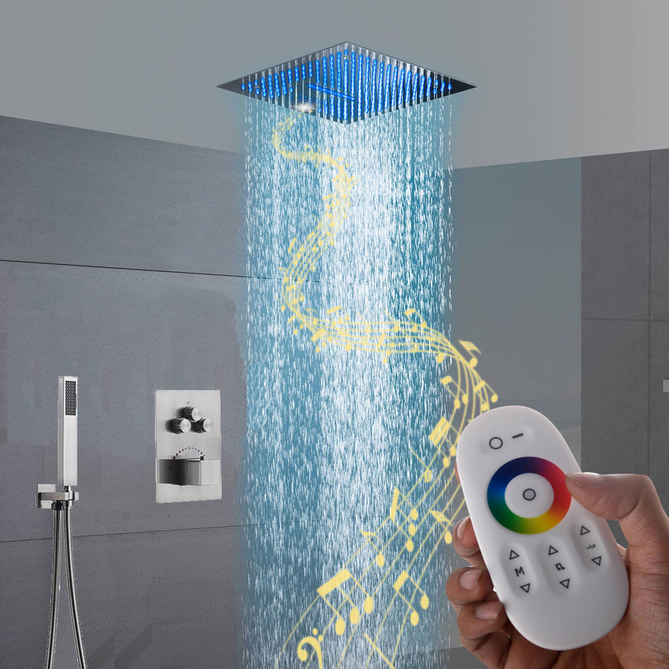 16-Inch Brushed Nickel  Shower Faucet: 3-Way Control, Flush-Mounted, 64-Color LED Lighting, Bluetooth Music Rainfall & Waterfall Features, with Three Options for Rough-In Valve Choice