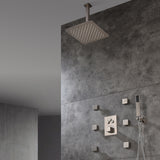 12 Inch or 16 Inch Ceiling Mounted Matte Brushed Nickel 3-Way Thermostatic Shower Faucet with 6 body jets- Simultaneous and Independent Functionality - wonderland shower inc