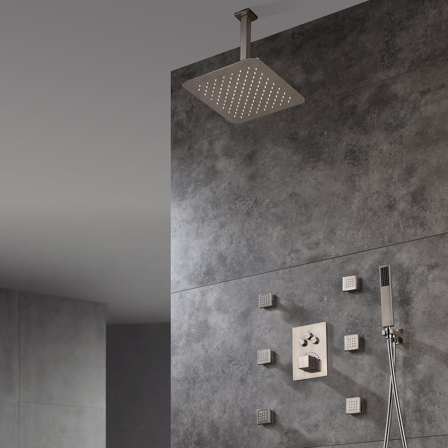 12 Inch or 16 Inch Ceiling Mounted Matte Brushed Nickel 3-Way Thermostatic Shower Faucet with 6 body jets- Simultaneous and Independent Functionality - wonderland shower inc