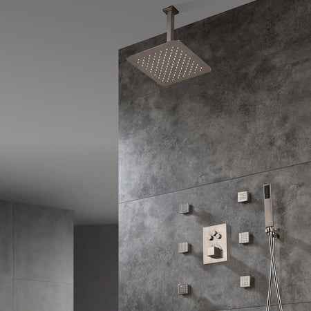 12 Inch or 16 Inch Ceiling Mounted Matte Brushed Nickel 3-Way Thermostatic Shower Faucet with 6 body jets- Simultaneous and Independent Functionality - wonderland shower inc