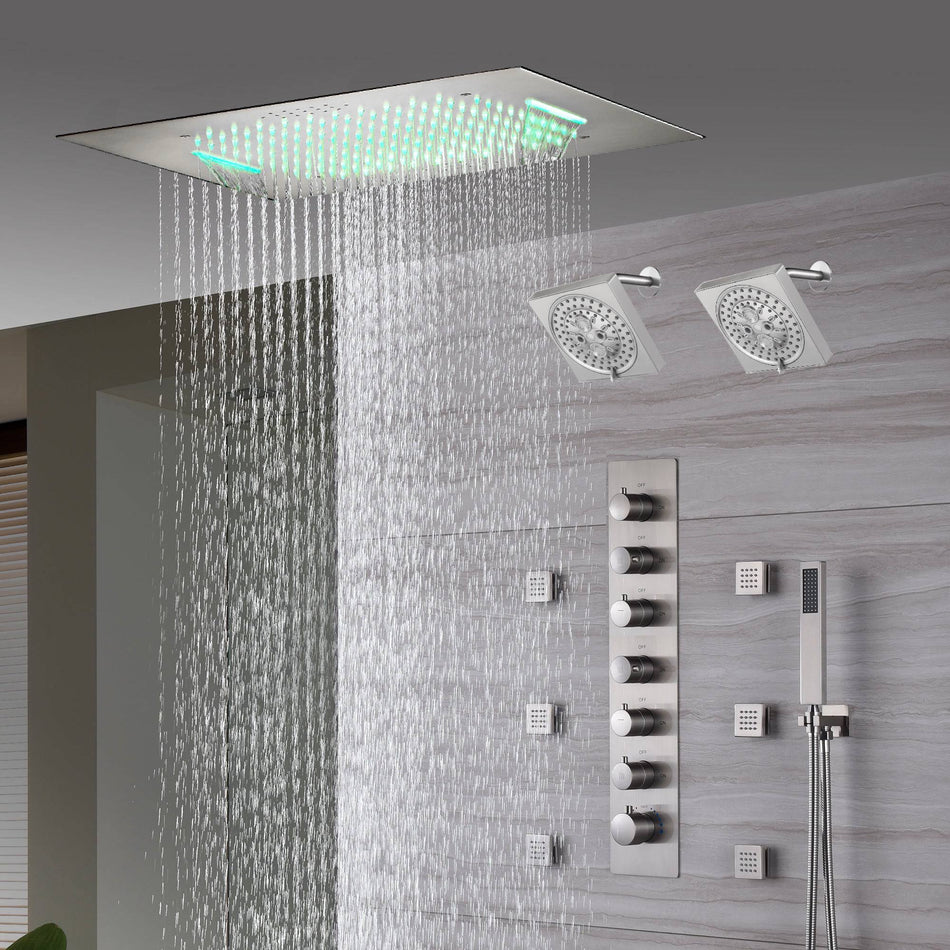 20" Brushed Nickel Rainfall Shower System: 6-Way Thermostatic Valve, Dual Heads, 6 Body Jets