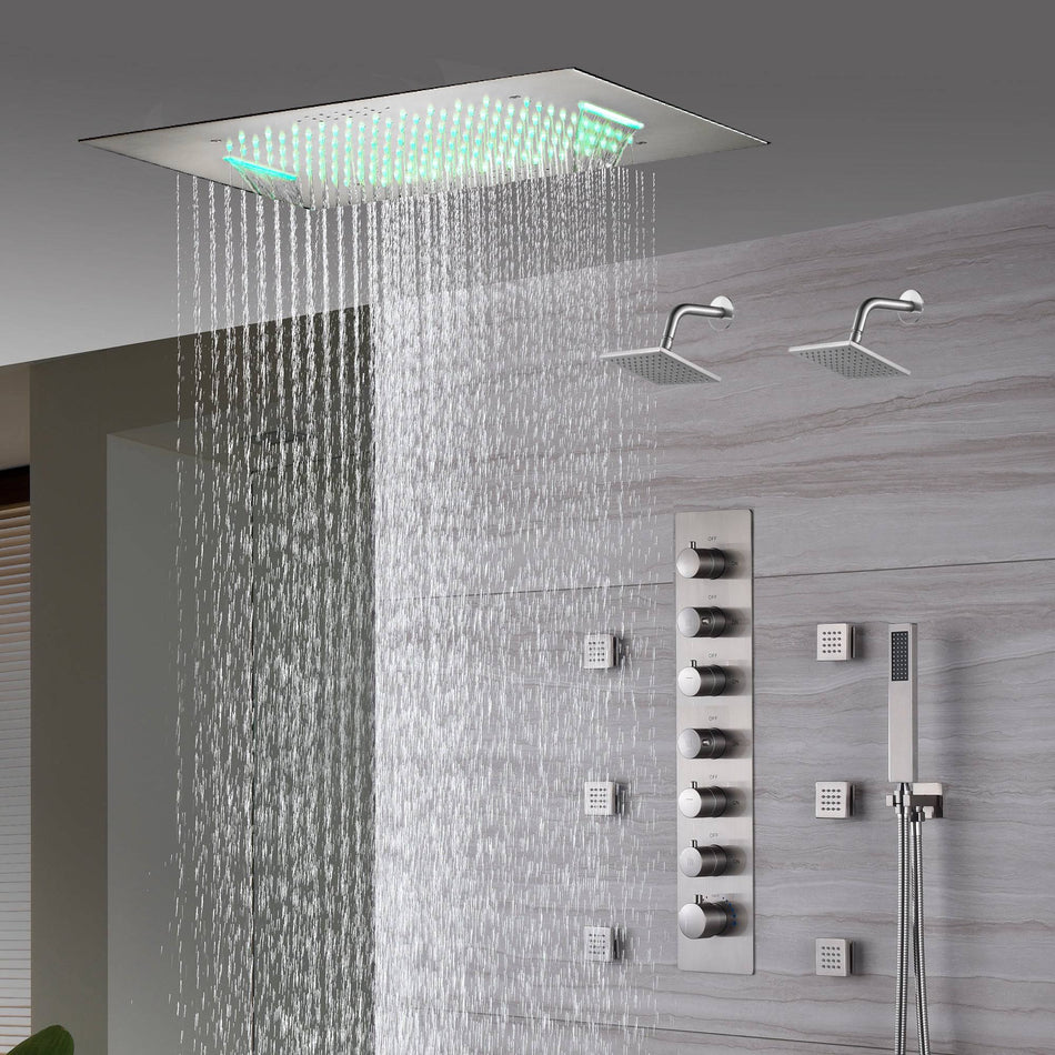 20" Brushed Nickel Rainfall Shower System: 6-Way Thermostatic Valve, Dual Heads, 6 Body Jets