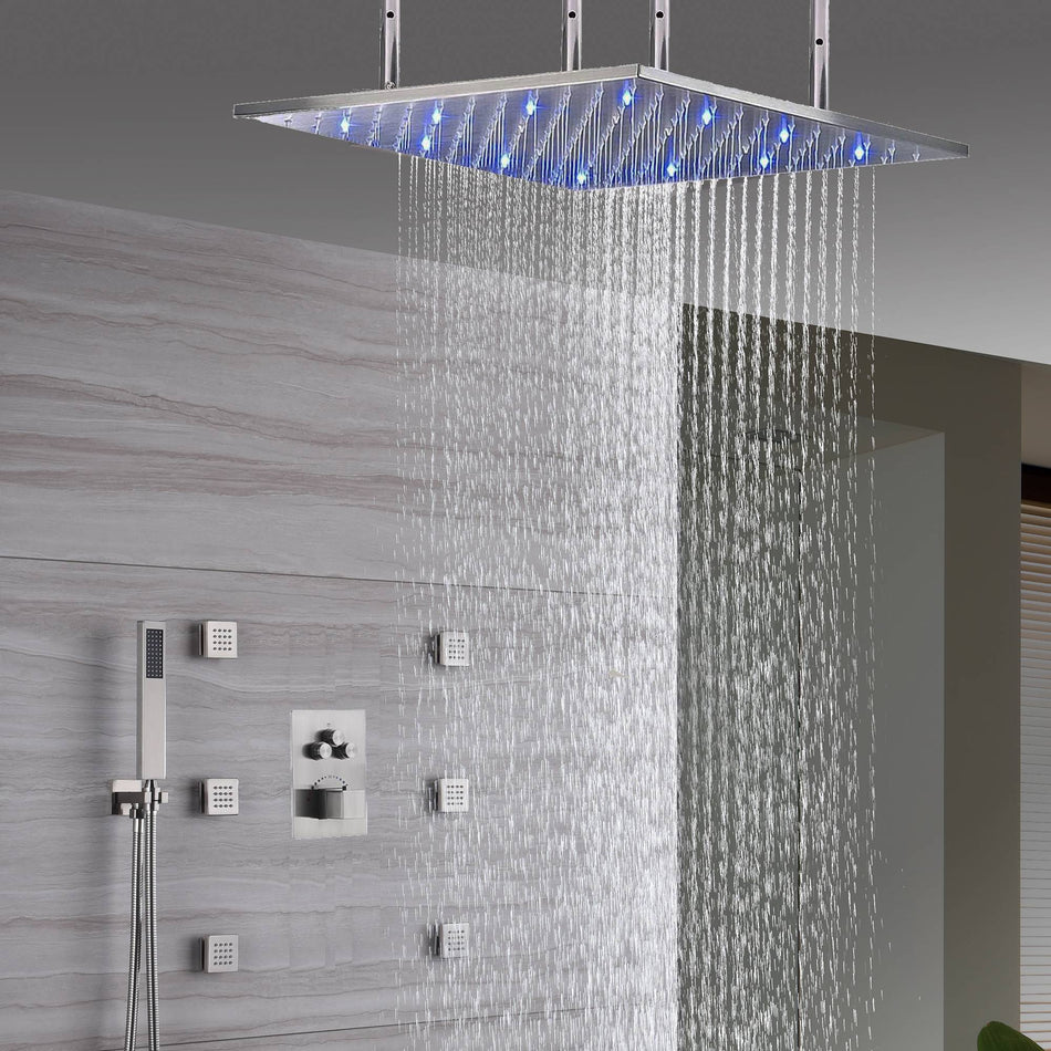 Brushed Nickel 3-Way Thermostatic Shower Faucet with Ceiling-Mounted 20'' or 24'' Head