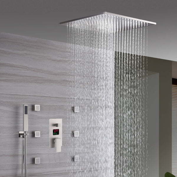 20'' LED Ceiling-Mounted Brushed Nickel Shower Faucet with Digital Display, Anti-Scald Valve, 3-Way Functionality, and 6 Body Jets - wonderland shower inc