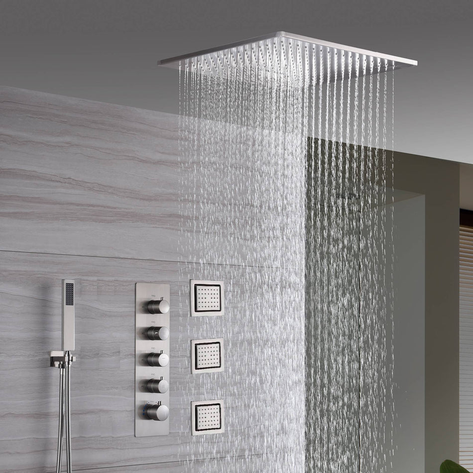 20inch Brushed nickel ceiling mount rainfall waterfall shower systems 4 way thermostatic valve with 3 flushed body jets