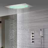 20inch Brushed nickel ceiling or flush mount rainfall waterfall shower systems 3 way thermostatic shower faucet that available in both led light or non-led light options