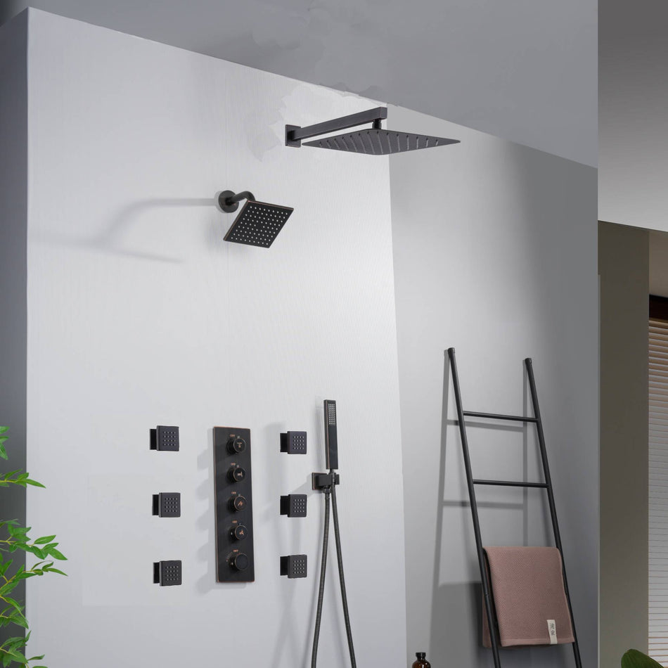 Oil Rubbed Bronze Wall Mount Rainfall Shower Head with 4-Way Thermostatic System, Body Jets, and High Water Pressure Wall Mount Shower Head