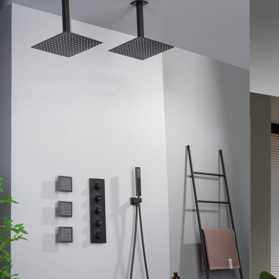 Oil Rubbed Bronze Ceiling Mount Dual Rainfall Shower Head with 4-Way Thermostatic System, Body Jets