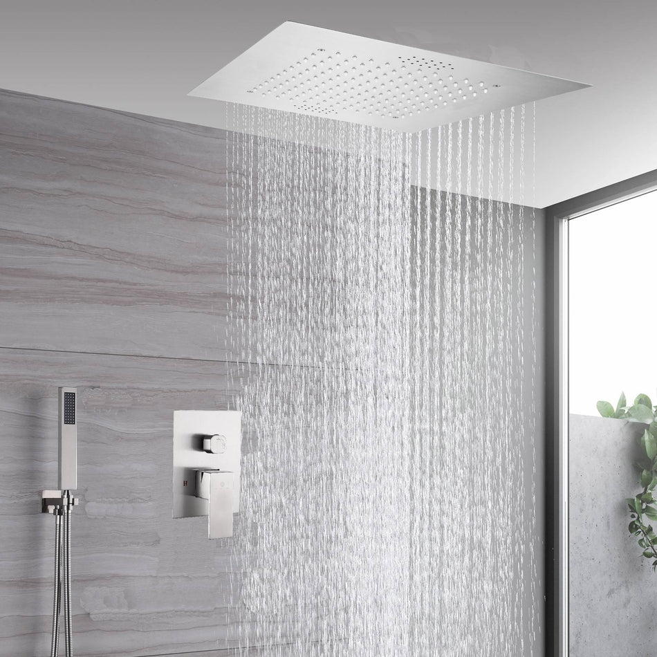 20" Brushed Nickel Ceiling/Flush Mount Shower System: 2-Way Function, LED Options