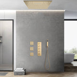 Brushed Gold 20-Inch or 24 inch Rainfall Waterfall Ceiling or flush Mount Shower Head with 4-Way Thermostatic Faucet, Body Jets