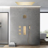 Brushed gold flushed on 20 inch rainfall 64 LED light Bluetooth Music shower head 4 way digital display shower faucet with body jets and regular head