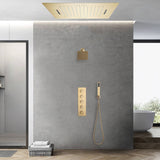 Brushed Gold 20-Inch Rainfall & Waterfall Shower Head with 64 LED Lights, Bluetooth Music & 4-Way Digital Display Faucet, Including a Regular Head: Flush-Mounted Luxury for Your Bathroom