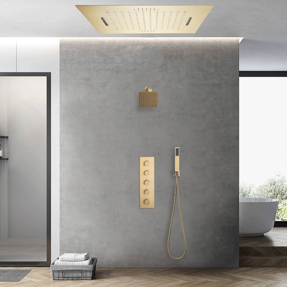 Brushed Gold 20-Inch Rainfall & Waterfall Shower Head with 64 LED Lights, Bluetooth Music & 4-Way Digital Display Faucet, Including a Regular Head: Flush-Mounted Luxury for Your Bathroom