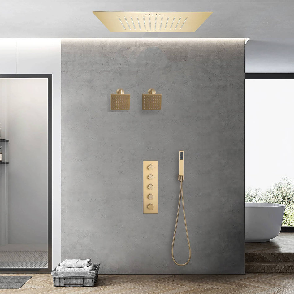 Brushed Gold 4-Way Digital Thermostatic Shower Faucet with Dual Regular Heads and Integrated 20-Inch Rainfall LED Light & Bluetooth Music Shower Head