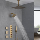 Brushed Gold 16-Inch Rainfall Ceiling Mount Shower Head with 4-Way Thermostatic Faucet, Body Jets, and High-Pressure Wall Mount Head