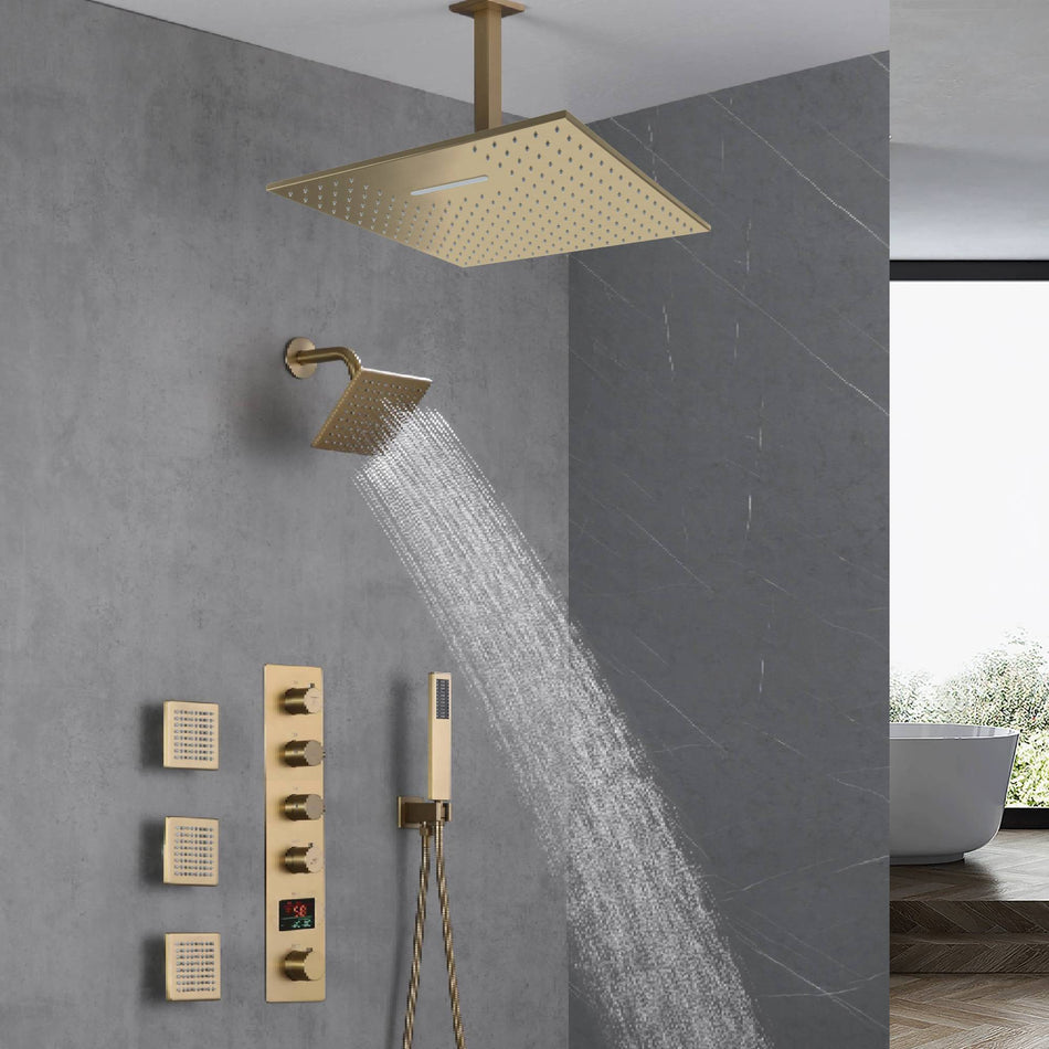 Brushed Gold 16-Inch Rainfall Ceiling Mount Shower Head with 4-Way Thermostatic Faucet, Body Jets, and High-Pressure Wall Mount Head