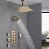 Brushed Gold 16-Inch Rainfall Ceiling Mount Shower Head with 4-Way Thermostatic Faucet, Body Jets, and High-Pressure Wall Mount Head