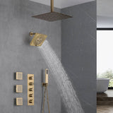 Brushed Gold 16-Inch Rainfall Ceiling Mount Shower Head with 4-Way Thermostatic Faucet, Body Jets, and High-Pressure Wall Mount Head