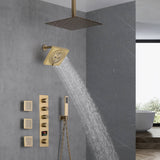 Brushed Gold 16-Inch Rainfall Ceiling Mount Shower Head with 4-Way Thermostatic Faucet, Body Jets, and High-Pressure Wall Mount Head