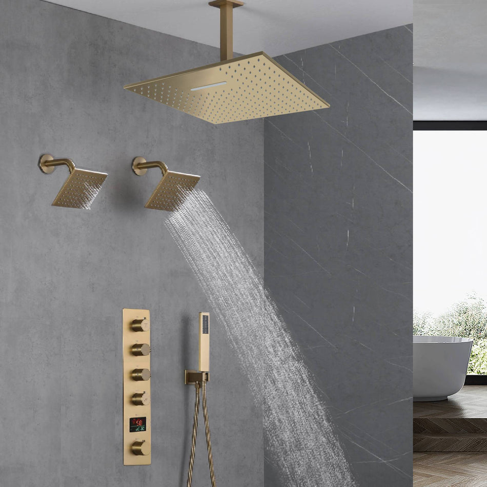 Brushed Gold Ceiling Mount Shower System with 4-Way Thermostatic Faucet