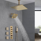 Brushed Gold 16-Inch Rainfall Ceiling Mount Shower Head with 4-Way Thermostatic Faucet, Body Jets, and High-Pressure Wall Mount Head