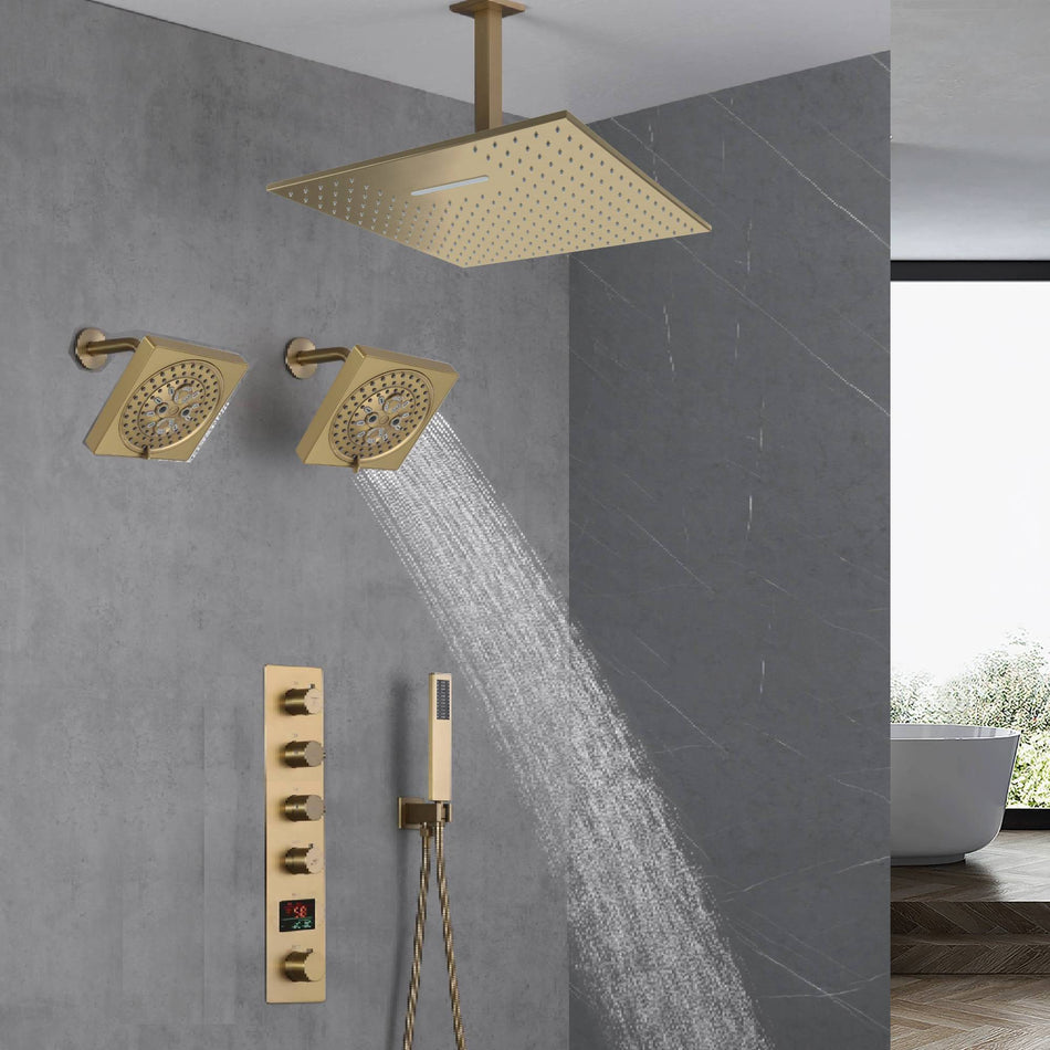 Brushed Gold Ceiling Mount Shower System with 4-Way Thermostatic Faucet