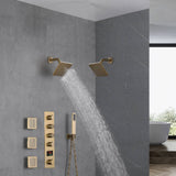 Brushed Gold Wall Mount Dual regular high water pressure Shower Head with 4-Way Thermostatic Faucet, Body Jets