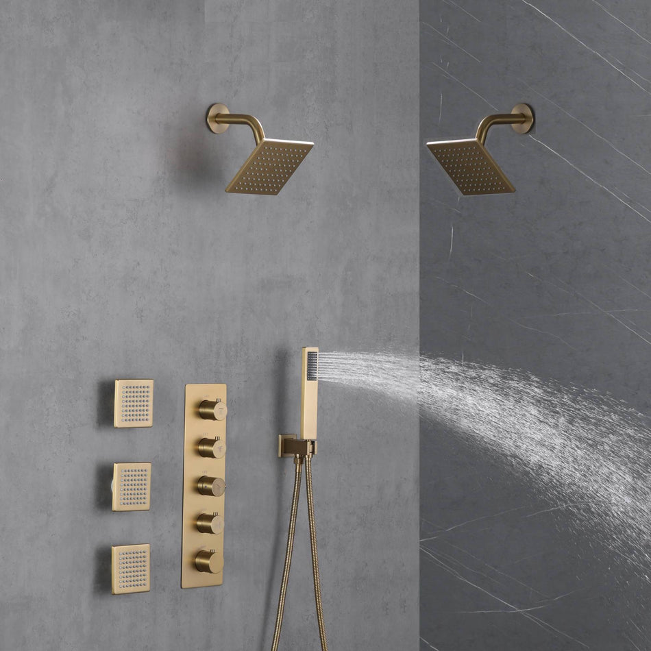 Brushed Gold Wall Mount Dual regular high water pressure Shower Head with 4-Way Thermostatic Faucet, Body Jets