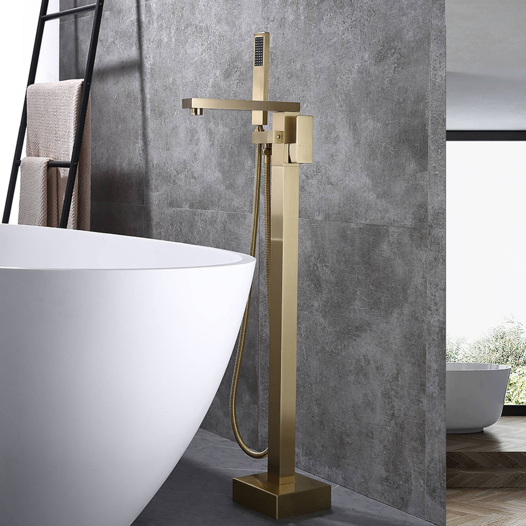 Brushed Gold Finish Floor Mount Freestanding Tub Filler Faucet: Complete with a Single Handle and Hand Shower - wonderland shower inc