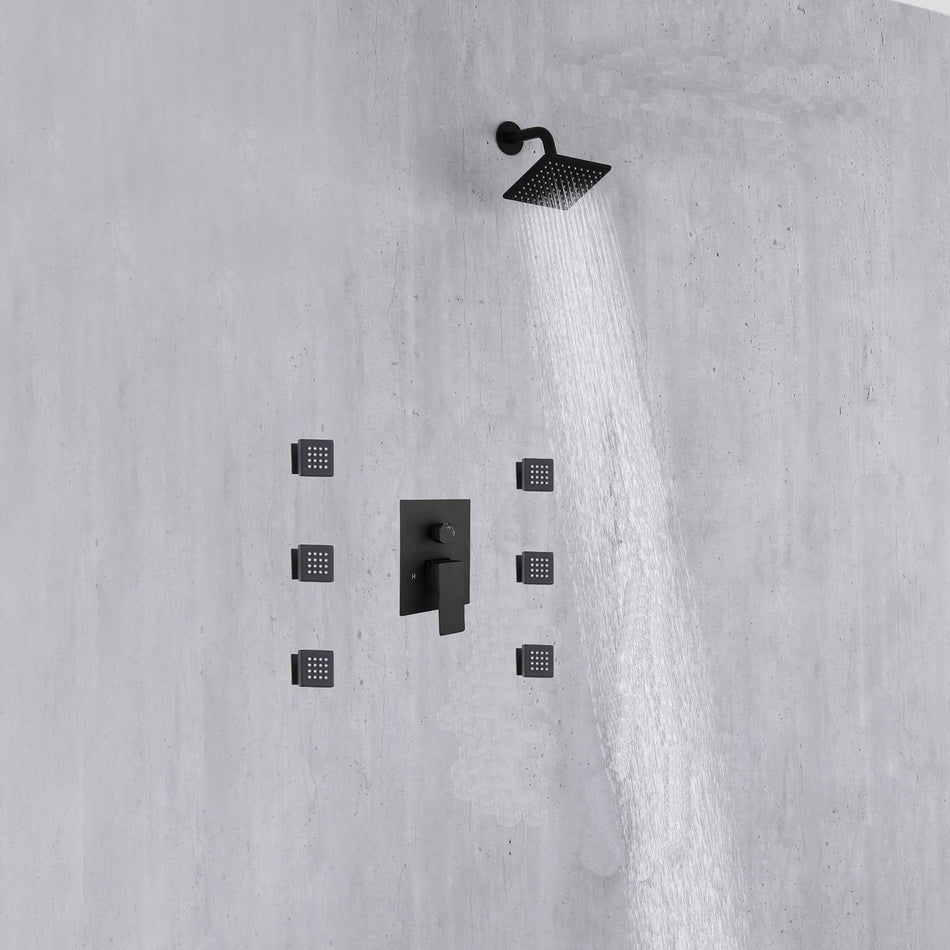 two functions  6 inch regular head Wall Mounted Matte Black shower faucet pressure balance rough in valve with body jets