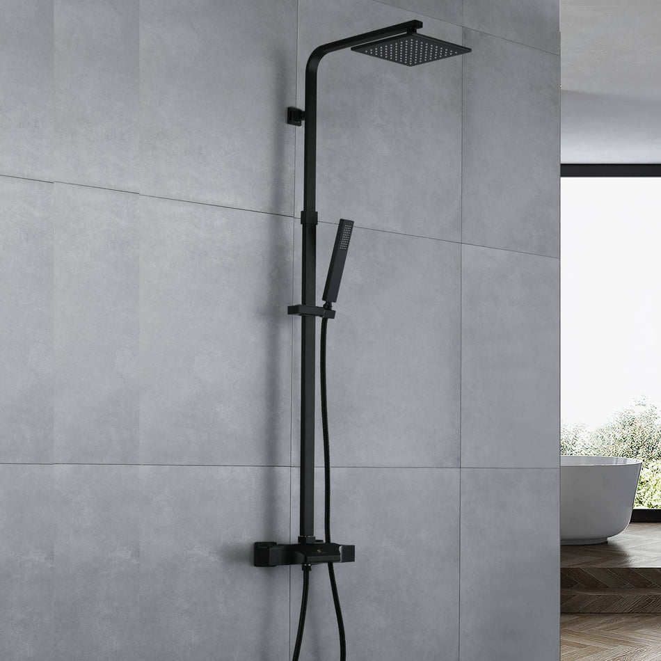 Stylish Wall-Mounted Matte Black Thermostatic Rain Exposed Shower Set with Tub Spout