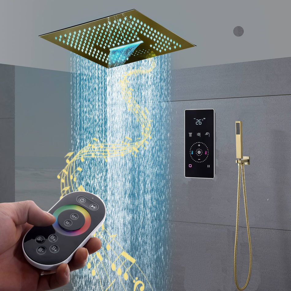 16" LED Chrome/Matte Black/Brushed Gold/Nickel Shower Head with 3-Way Thermostatic Valve, LED Display, 6 Body Jets