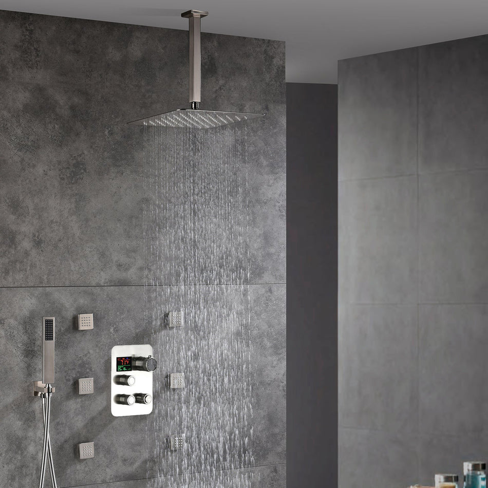 3-Way Brushed Nickel Ceiling-Mounted Thermostatic Shower System with 12'' or 16'' Rain Head, Optional LED Light