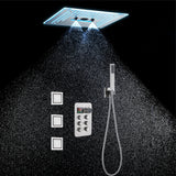 16-Inch Rainfall Waterfall Mist Water Column Flush Mount Shower Faucet Set with 6-Way Thermostatic Control, 64-Color LED, Bluetooth Music, Rainfall-Waterfall-Mist Features, Rotating Hydro Jet, and Body Jets