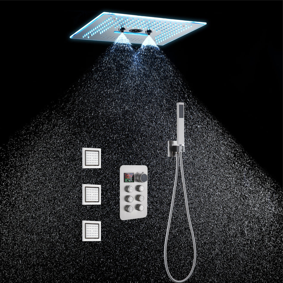 16-Inch Rainfall Waterfall Mist Water Column Flush Mount Shower Faucet Set with 6-Way Thermostatic Control, 64-Color LED, Bluetooth Music, Rainfall-Waterfall-Mist Features, Rotating Hydro Jet, and Body Jets