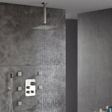 3-Way Brushed Nickel Ceiling-Mounted Thermostatic Shower System with 12'' or 16'' Rain Head, Optional LED Light