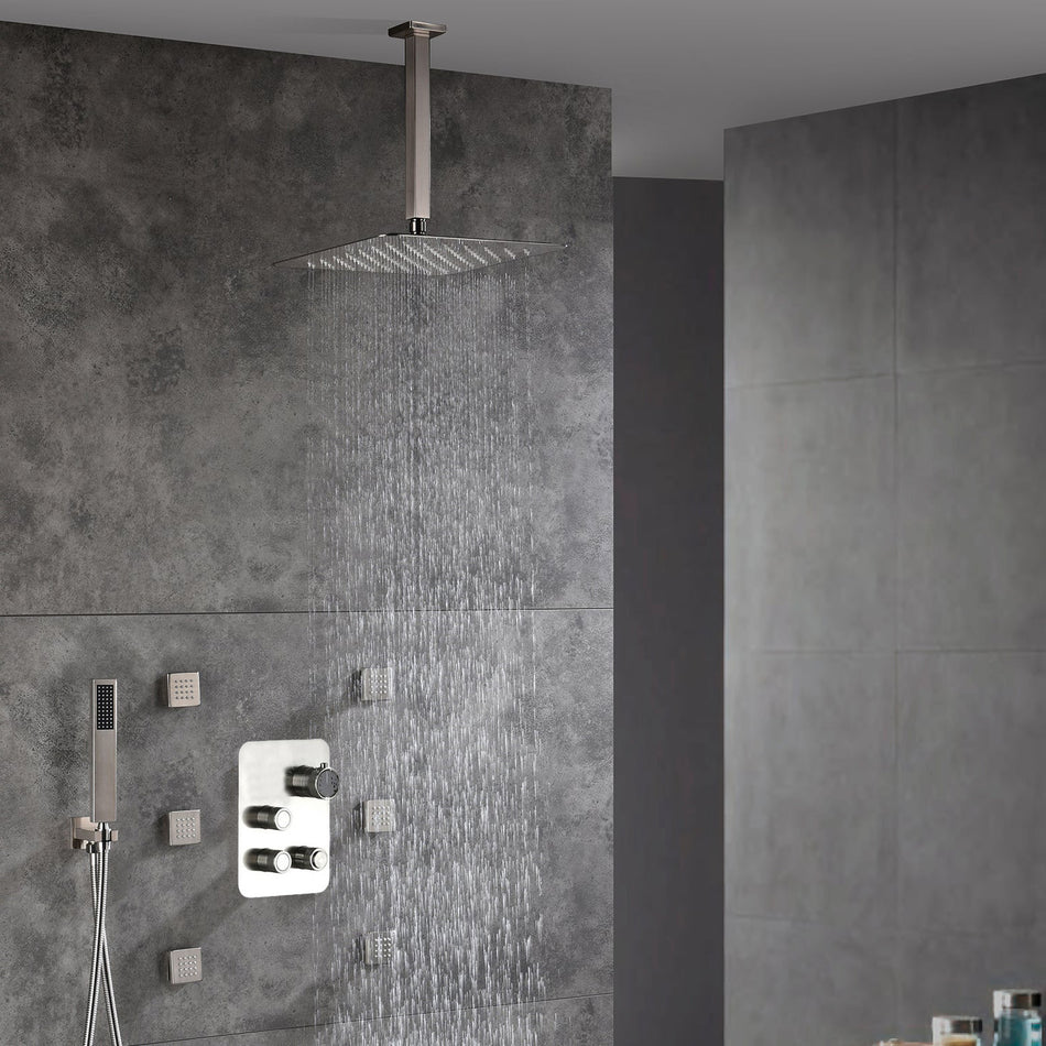 3-Way Brushed Nickel Ceiling-Mounted Thermostatic Shower System with 12'' or 16'' Rain Head, Optional LED Light
